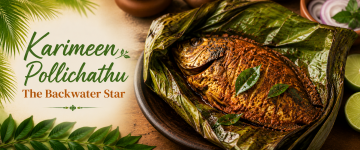Karimeen Pollichathu, pearl spot fish marinated with Kerala spices and grilled in banana leaf.