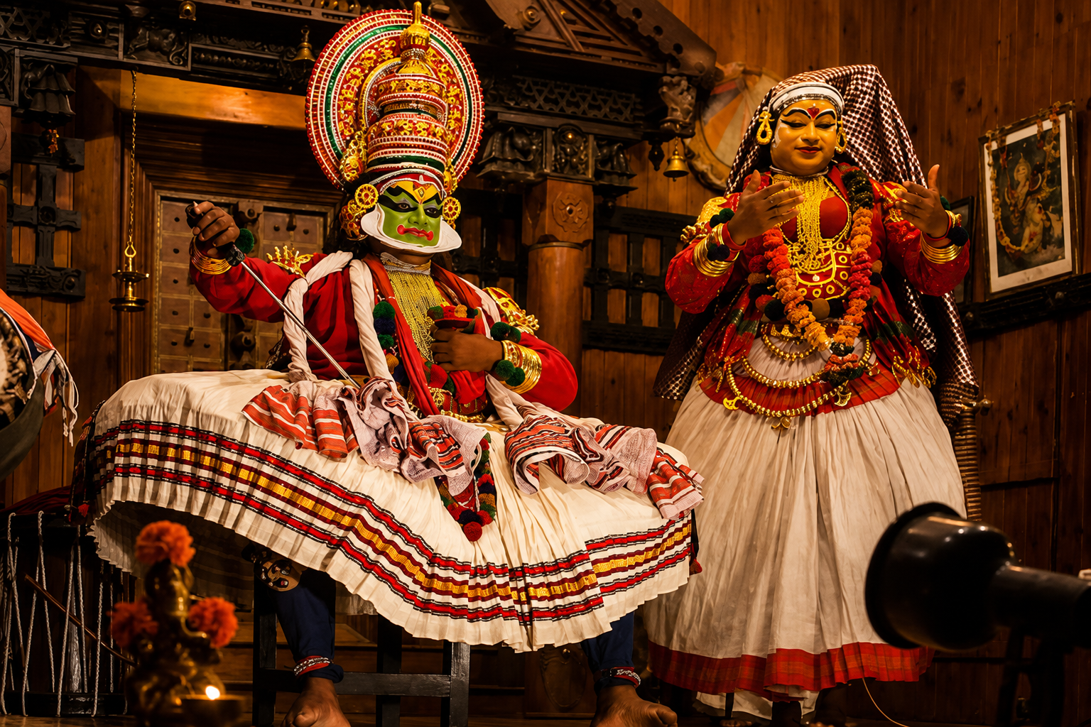 Kathakali artists in elaborate costumes and colorful makeup performing a traditional Kerala dance drama.
