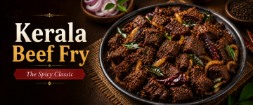 Traditional Kerala Beef Fry prepared with roasted spices, onions, and curry leaves.