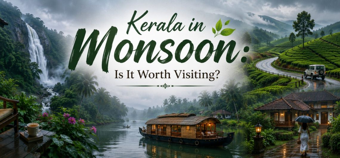 Kerala during monsoon with waterfalls, tea plantations, houseboat, misty hills and luxury resorts.