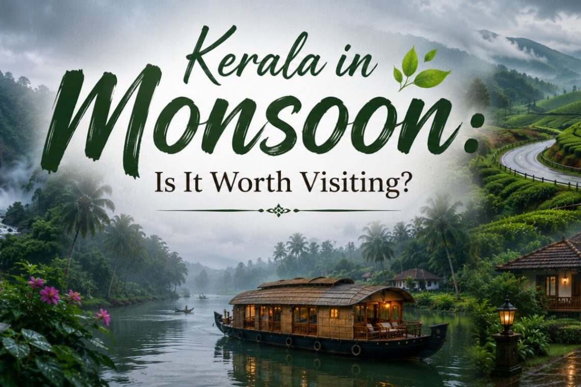 Kerala during monsoon with waterfalls, tea plantations, houseboat, misty hills and luxury resorts.