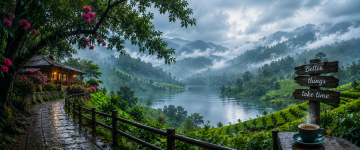 Scenic Kerala backwaters with misty hills, tea plantations and lakeside cottages during monsoon.