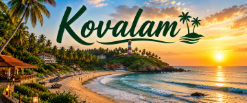 Panoramic view of Kovalam Beach with lighthouse, golden sands, coconut palms, and sunset over the Arabian Sea.