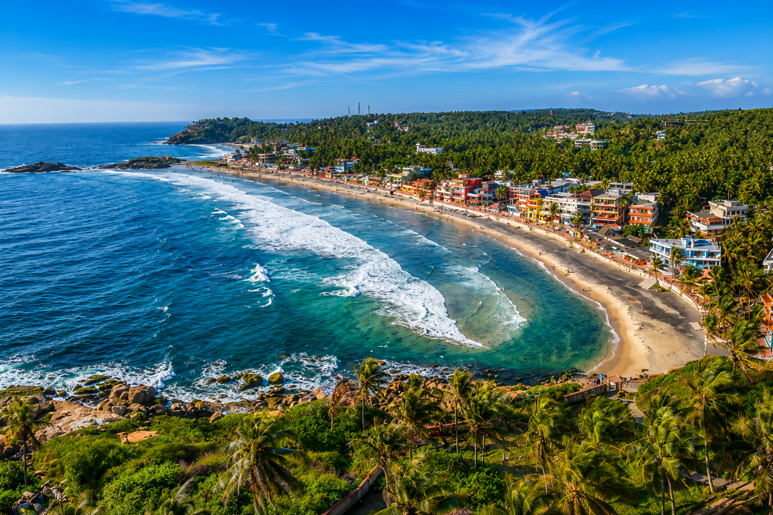 Panoramic aerial view of Kovalam Beach with golden sands, turquoise Arabian Sea, palm trees, and seaside resorts in Kerala.