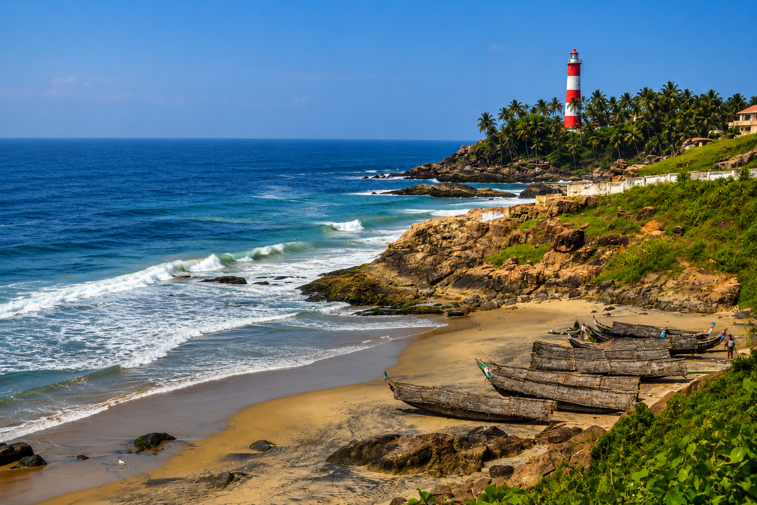 Resort overlooking Kovalam Lighthouse Beach with palm trees, golden sand, turquoise sea, and the famous lighthouse in Kerala.