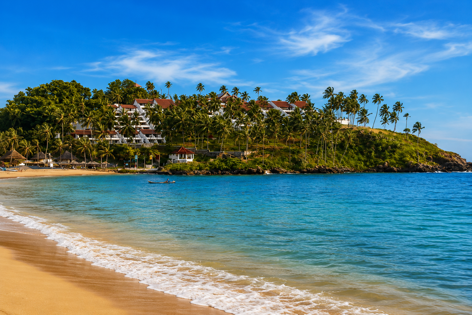 Luxury beachfront resort surrounded by coconut palms overlooking the calm blue waters of Kovalam Beach in Kerala.