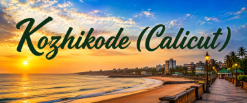 Beautiful Kozhikode beachfront promenade with the Arabian Sea and sunset skyline.
