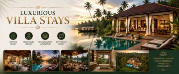 Luxury private villa with infinity pool overlooking Kerala backwaters surrounded by tropical landscapes.