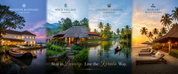 Luxury Kerala resorts including Brunton Boatyard, Spice Village, Coconut Lagoon, and Marari Beach Resort.