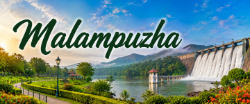 Malampuzha Dam with landscaped gardens, reservoir, and surrounding hills in Kerala.