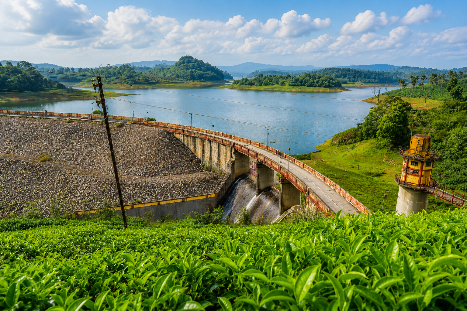 Scenic view of Mattupetty Dam surrounded by lush tea plantations, rolling hills, and tranquil waters in Munnar, Kerala.