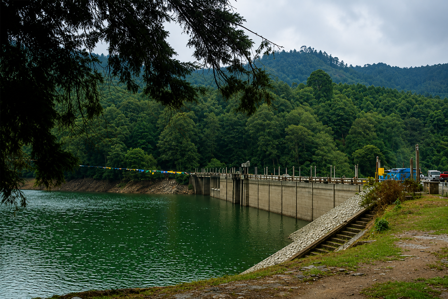 Mattupetty Dam surrounded by lush green hills and calm reservoir waters near Munnar.