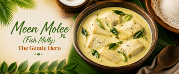 Kerala Meen Molee fish curry cooked in creamy coconut milk with green chilies and curry leaves.