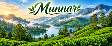 Rolling tea plantations, mist-covered mountains and scenic valleys in Munnar, Kerala.