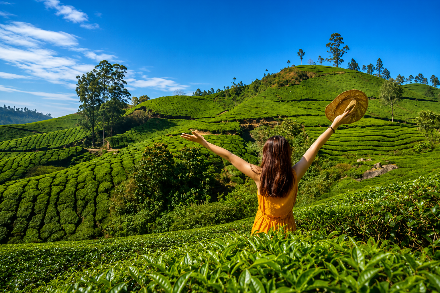 Rolling green tea plantations covering the hills of Munnar in Kerala.