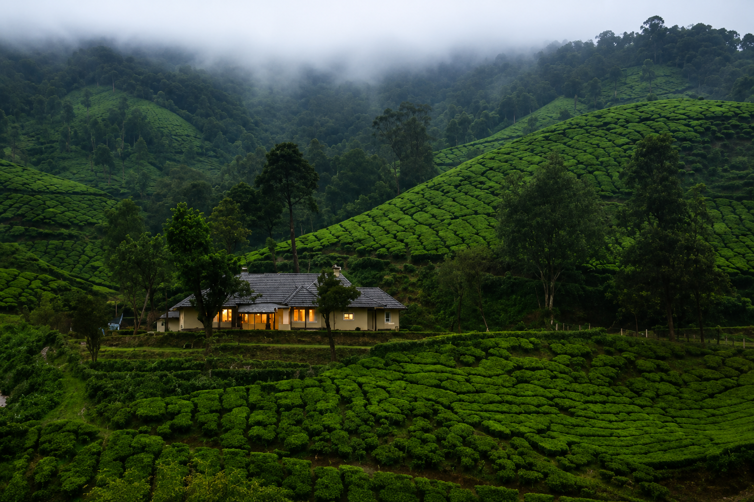 Traveler enjoying panoramic views of Munnar's rolling tea plantations in Kerala.