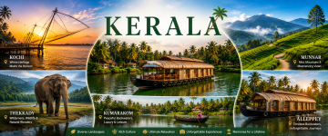 Luxury Kerala travel route featuring Kochi, Munnar, Thekkady, Kumarakom, and Alleppey with houseboats, tea gardens, wildlife, and backwaters.