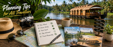 Travel planning essentials including map, notebook, camera, Kerala travel guides, and houseboat in the background.