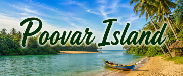 Serene backwaters meeting a sandy beach with a traditional wooden boat at Poovar Island.
