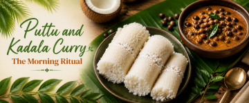Kerala puttu served with black chickpea kadala curry for a traditional breakfast.