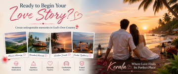 Romantic couple watching the sunset on a Kerala beach with highlights of honeymoon experiences.
