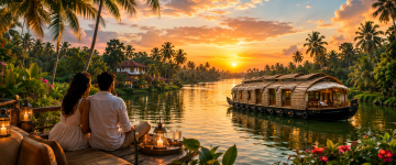 Romantic Kerala experiences featuring luxury houseboat, infinity pool, candlelight beach dinner, hill viewpoints, and private villa.