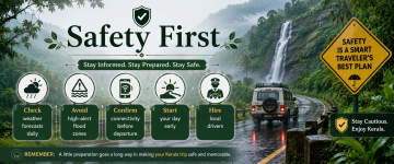 Kerala monsoon travel safety guide showing rainy roads, waterfalls, weather precautions and safe travel tips.