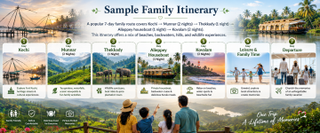 Seven-day Kerala family itinerary covering Kochi, Munnar, Thekkady, Alleppey houseboat, Kovalam, and leisure activities.