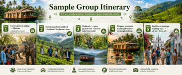 Kerala group tour itinerary featuring Munnar, Thekkady, Alleppey houseboat, Fort Kochi, tea plantations, and wildlife.
