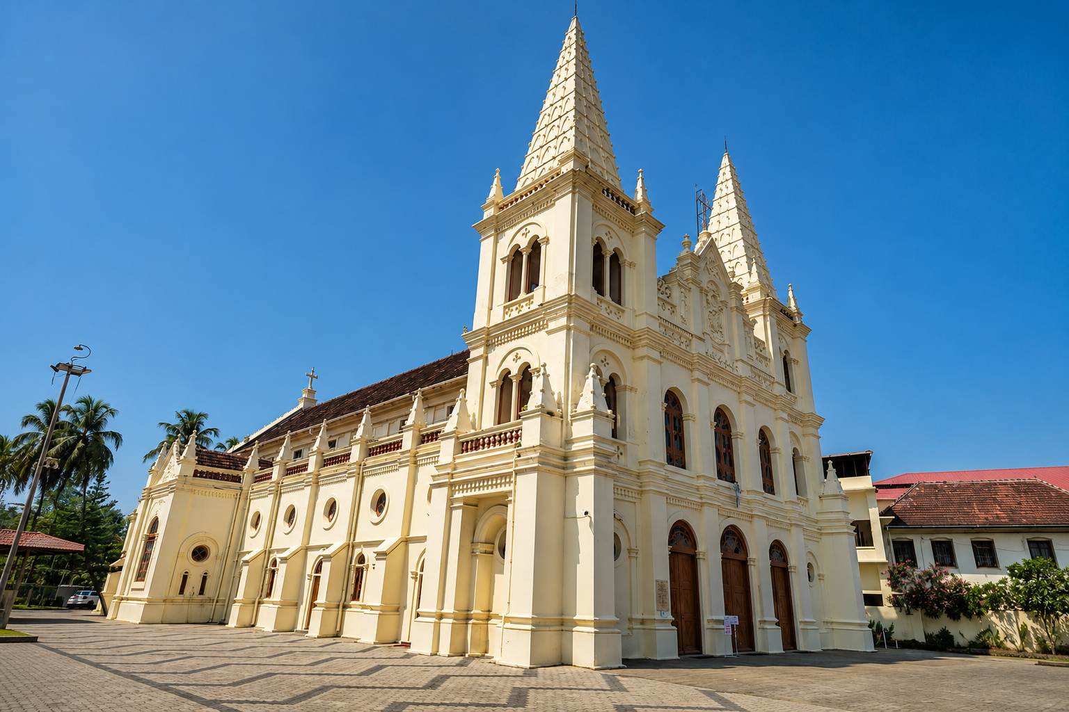 The magnificent Santa Cruz Basilica in Fort Kochi showcasing Gothic architecture against a clear blue sky.