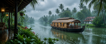 Luxury Kerala houseboat cruising through peaceful backwaters during monsoon surrounded by lush coconut palms.