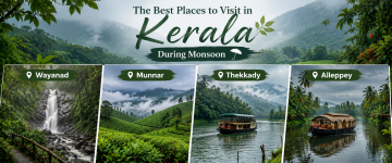 Kerala monsoon destinations including Wayanad, Munnar, Thekkady and Alleppey houseboats.