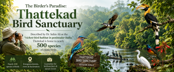 Birdwatcher observing colorful birds at Thattekad Bird Sanctuary in Kerala.