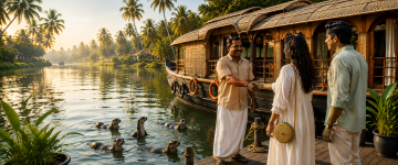 Couple warmly welcomed aboard a traditional Kerala houseboat by the local crew.