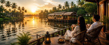 Couple relaxing on a private Kerala houseboat balcony at sunset overlooking the tranquil backwaters.