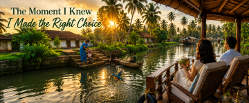 Couple cruising through Kerala's backwaters while witnessing authentic village life and local fishermen.