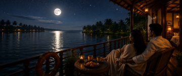 Couple enjoying a peaceful moonlit evening from a luxury Kerala houseboat.