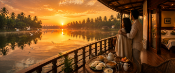 Couple watching a breathtaking sunrise from the deck of a Kerala luxury houseboat.