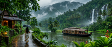 Traditional Kerala houseboat sailing through lush rain-soaked backwaters with waterfalls and tropical forests during monsoon.