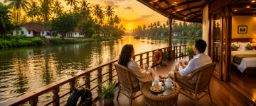 Couple relaxing on the spacious deck of a luxury Kerala houseboat during sunset