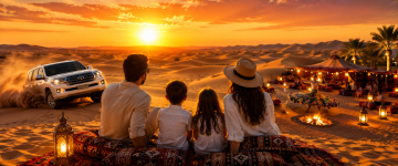 Family enjoying Dubai Desert Safari with dune bashing, cultural entertainment, desert camp and golden sunset.