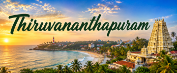 Aerial view of Kovalam Beach, lighthouse, and the iconic Padmanabhaswamy Temple in Thiruvananthapuram.