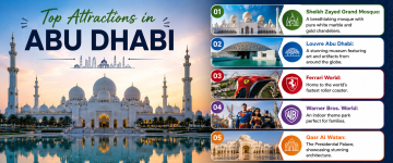 Top Abu Dhabi attractions including Sheikh Zayed Grand Mosque, Louvre Abu Dhabi, Ferrari World, Warner Bros. World, and Qasr Al Watan.