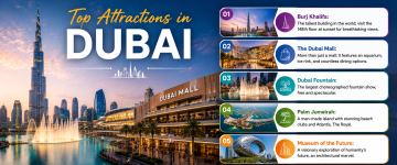 Top Dubai attractions featuring Burj Khalifa, Dubai Mall, Dubai Fountain, Palm Jumeirah, and Museum of the Future.