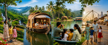 Family exploring Kerala waterfalls, tea gardens, wildlife, houseboats, Fort Kochi, and scenic backwaters.