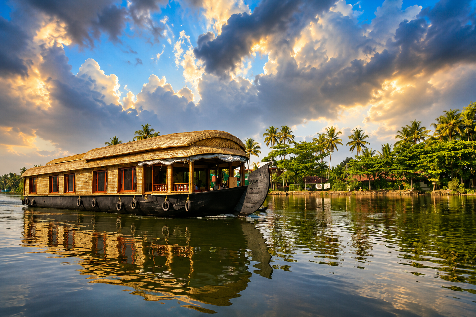 Traditional Kerala houseboat cruising through the scenic Alleppey backwaters surrounded by coconut palms.