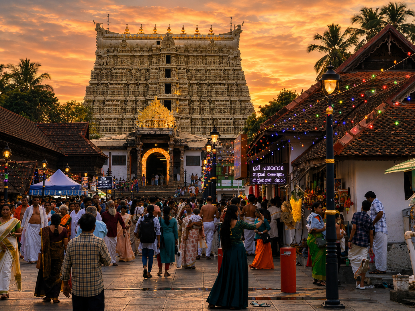 Crowds of devotees and visitors gathered at the entrance of Sri Padmanabhaswamy Temple with its towering gopuram during evening prayers in Thiruvananthapuram.
