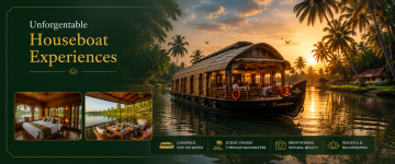 Luxury Kerala houseboat cruising through peaceful backwaters at sunset with elegant interiors and scenic tropical surroundings.