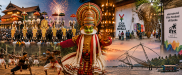 Kerala cultural collage featuring Thrissur Pooram elephants, Kathakali performer, Kalaripayattu, Kochi Muziris Biennale, Chinese fishing nets, and International Film Festival of Kerala.