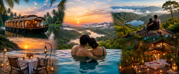 Romantic Kerala honeymoon package featuring luxury houseboat, infinity pool, scenic viewpoints, beach dinner, and private villa.
